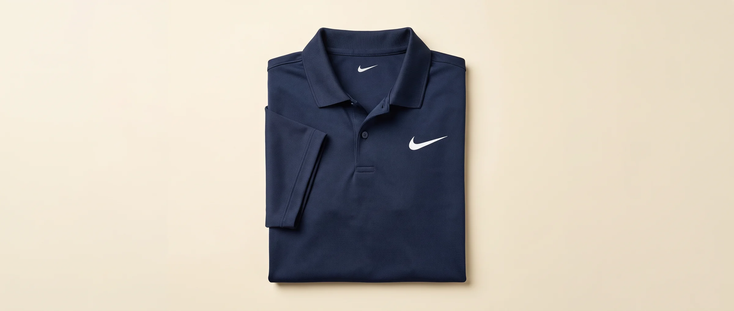 Folded navy Nike Dri-FIT polo on a cream panel